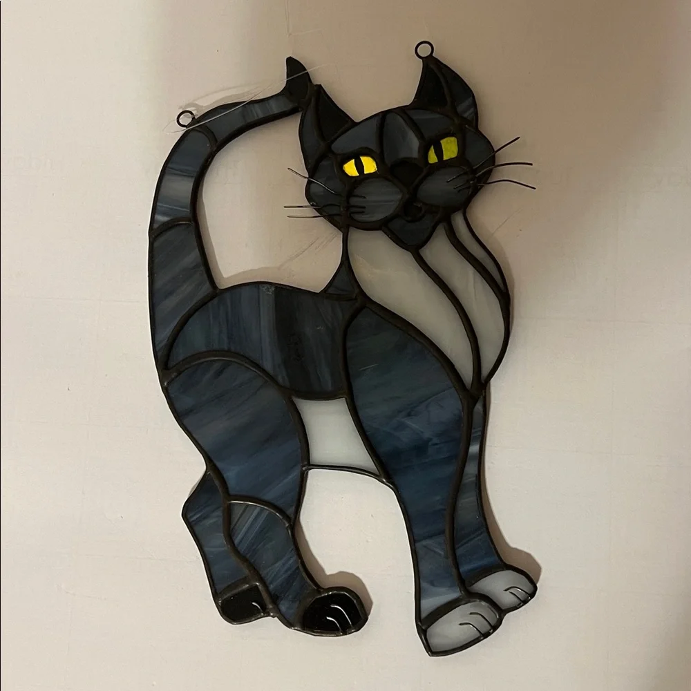 Stained Glass Cat Suncatcher - Blue, Black and Gray